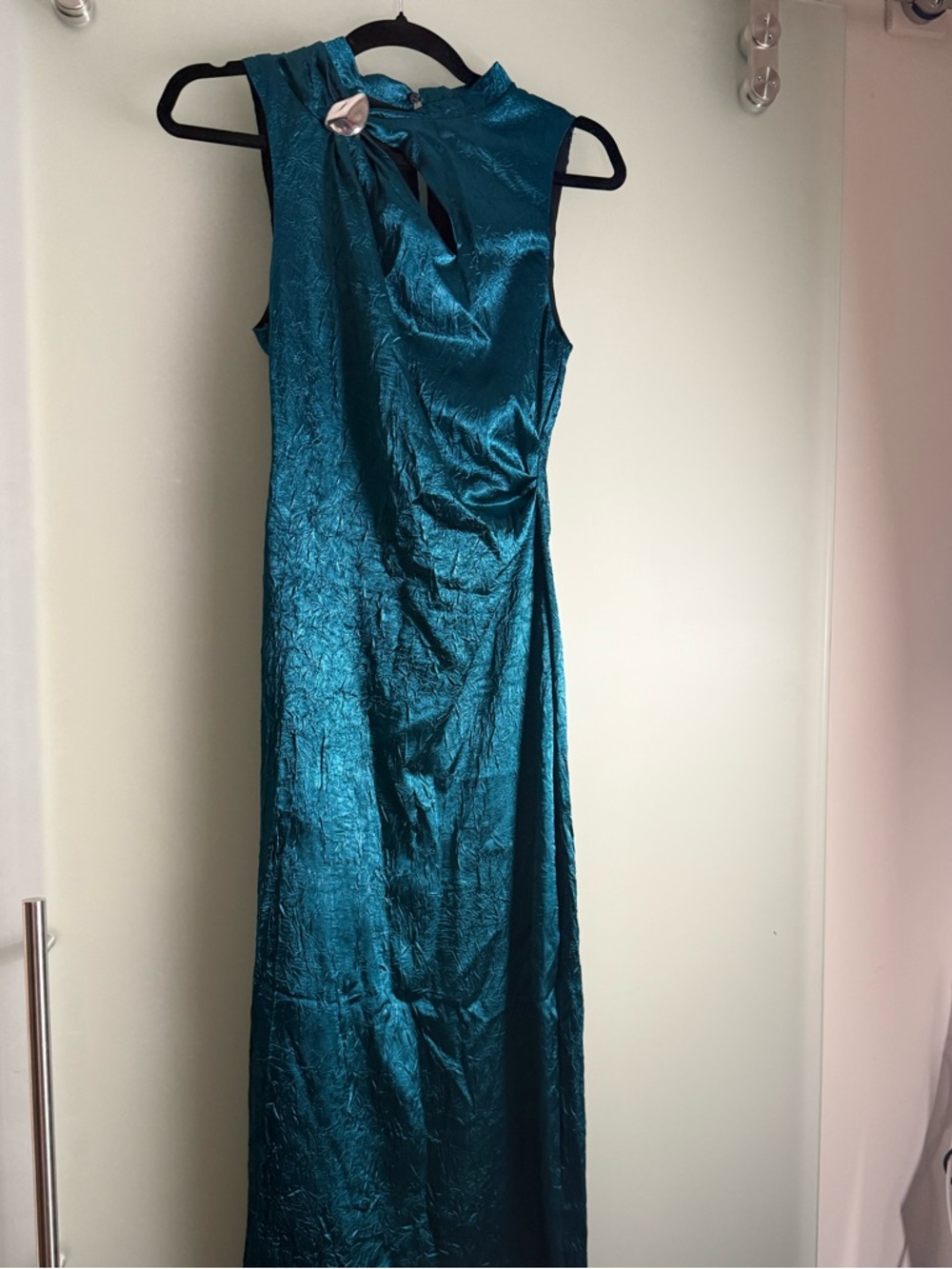 Zara Teal Satin High-Neck Maxi Dress